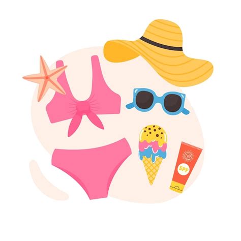 Composición de verano con helado de sombrero de bikini para vacaciones