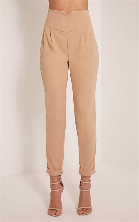 Elenor Camel High Waisted Tapered Trousers Prettylittlething Usa