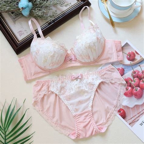 Sweet Cute Embroidery Bra And Panties Set Lace Trim Underwire Soft Pink