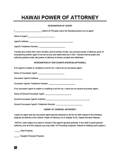 Free Hawaii Power Of Attorney Forms PDF Word