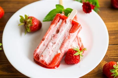 Premium Photo Homemade Strawberry Ice Cream On A Stick In A Plate With Strawberries