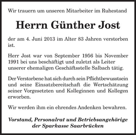 Traueranzeigen Von G Nther Jost Saarbruecker Zeitung Trauer De