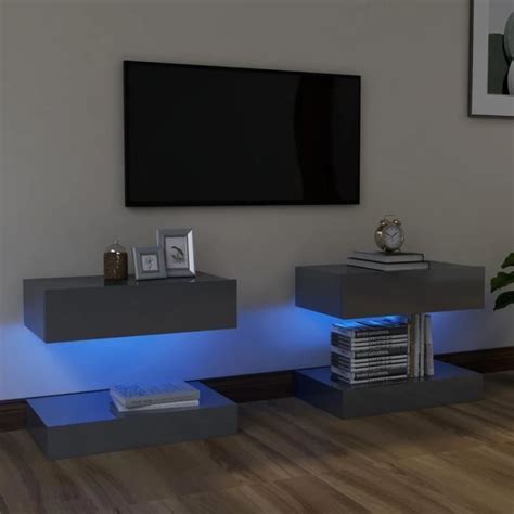 Ensemble Meuble Tv Mural Ovonni Avec Lumi Res Led Gris Brillant