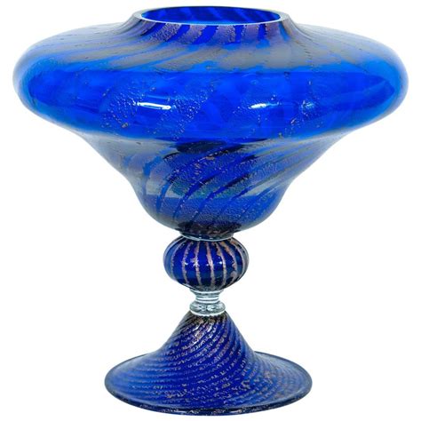 Magnifique Vase En Verre De Murano Bleu Vert Et Blanc Vintage Italie