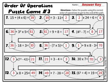 Order Of Operations Puzzle Game Pemdas Practice Worksheets For Th Grade