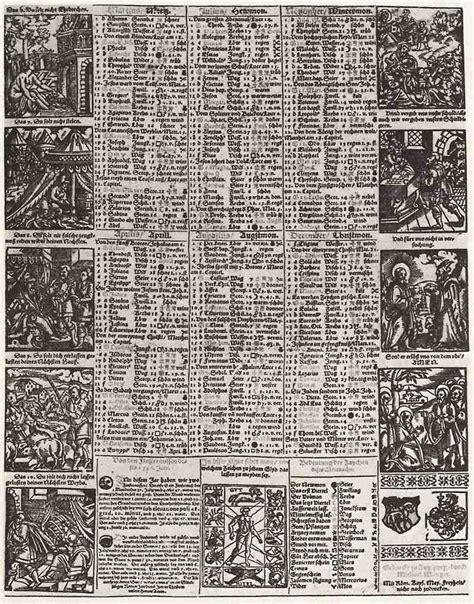 Calendar of year 1590 with the Ten Commandments and the Lord's Prayer ...