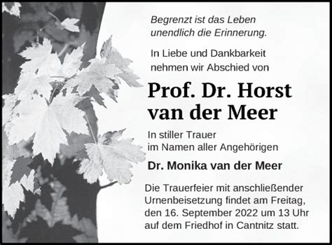 Traueranzeigen Von Horst Van Der Meer Trauer Nordkurier