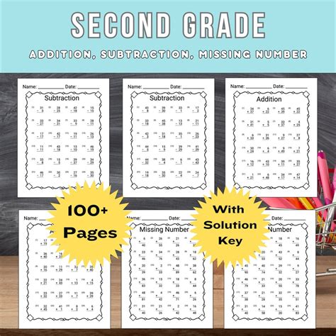 Second Grade Math Worksheet Printable Math Problems Second Etsy