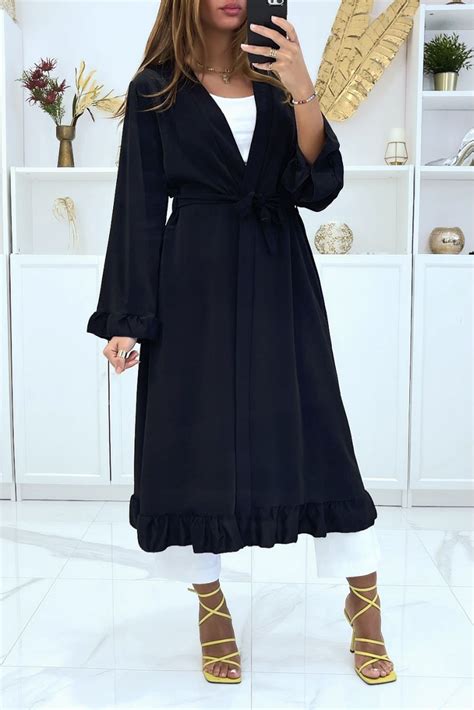 Abaya Kimono Noir Avec Volant Et Ceinture