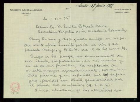 Carta de Norberto López Valdemoro a Emilio Cotarelo en la que le pide