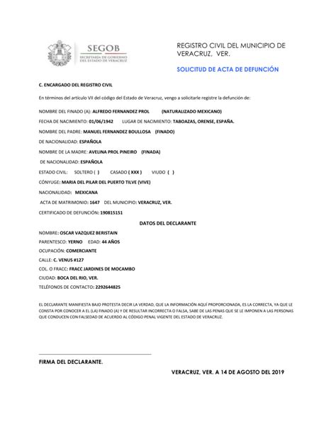 SOLICITUD DE ACTA DE DEFUNCION SEGOB