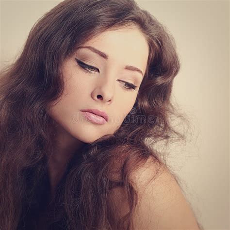 Beautiful Long Hair Brunette Woman Looking Mystery Color Art Portrait Stock Photo Image Of