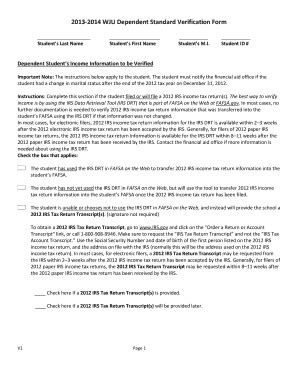 Fillable Online Wju Wju Dependent Standard Verification Form