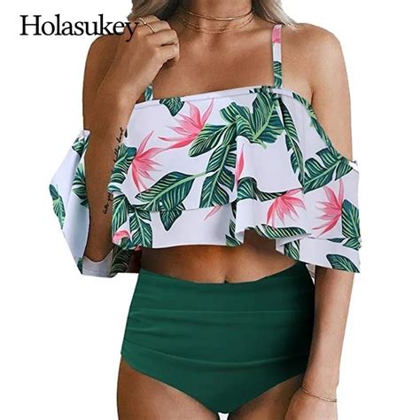 Holasukey Sólido Volantes Alta Cintura Bikinis Set Traje De Baño