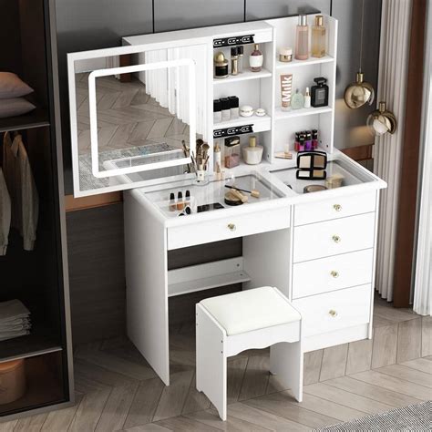 Fufu Gaga White Makeup Vanity Set Dressing Desk With Glass Top Sliding