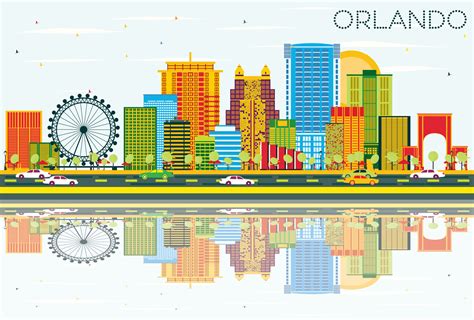 Orlando Skyline With Color Buildings Blue Sky And Reflections