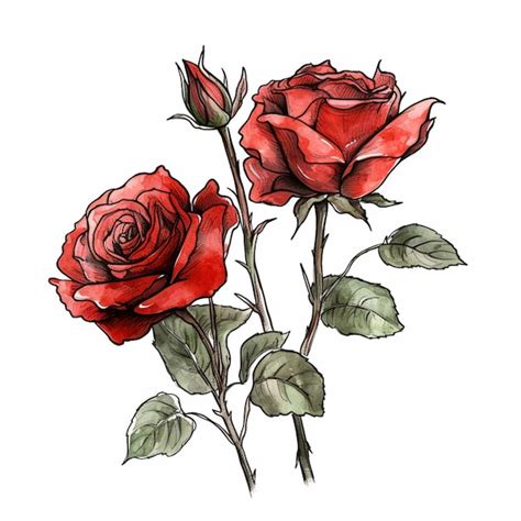 Un Dibujo De Dos Rosas Con Hojas En Un Fondo Blanco Imagen Premium