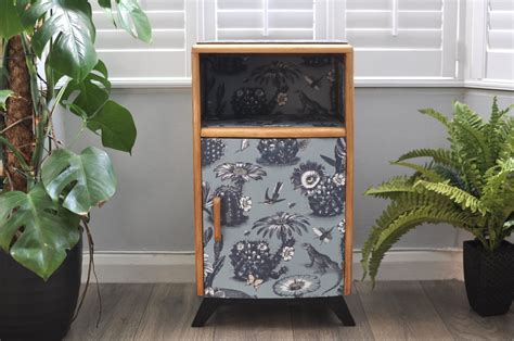 Upcycled Vintage Retro Wooden Bedside Cabinet Decoupaged In Sky Blue Priscella Paper By Divine