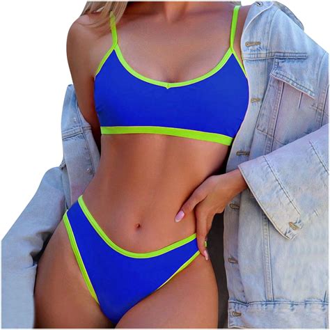 Utsjkr Bandeau Bikini Sets For Women Adjustable Splicing Color High Cut Thong Swimsuit Bottom