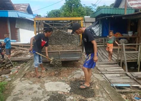 Kades Manusup Kapuas Bersama Warga Gotong Royong Timbun Jalan Berlubang