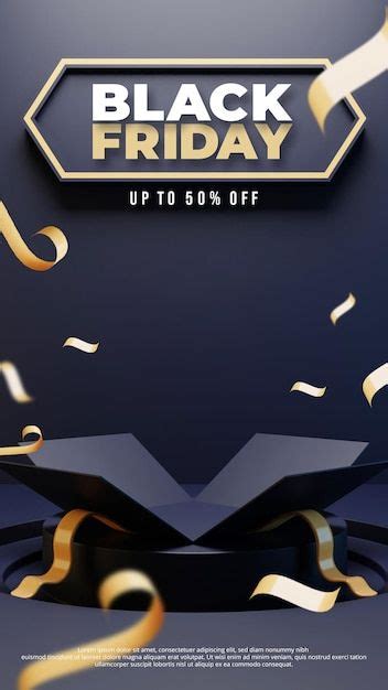 Black Friday Sale Banner With Gold Streamers And Confetti On Dark Blue