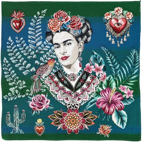 Carr De Tissu Jacquard Polycoton Motif Frida Kahlo Artista Vert