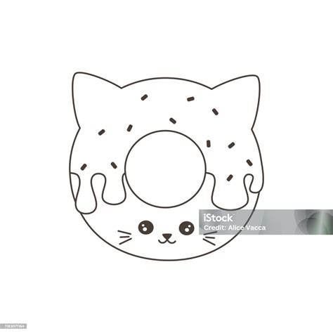 Cartone Animato Carino Bianco E Nero Ciambella Gatto Divertente Illustrazione Vettoriale Per