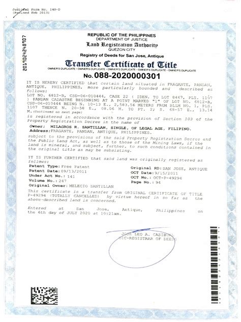 Transfer Certificate Of Title No 088 2020000301 Document Detailing