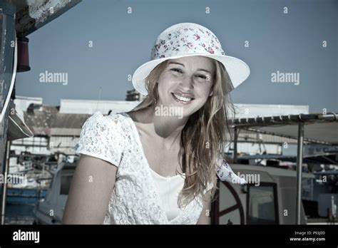 Blonde Lady On Boat Stock Photo Alamy