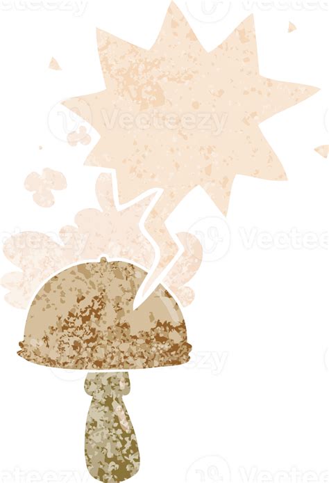 Cartoon Mushroom With Spore Cloud With Speech Bubble In Grunge Distressed Retro Textured Style