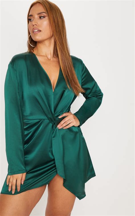 Plus Emerald Green Satin Long Sleeve Wrap Dress Plus Size