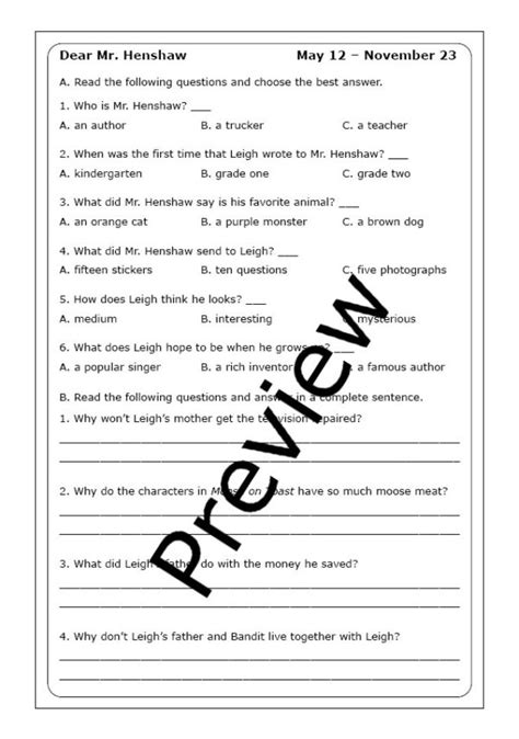 Beverly Cleary Dear Mr Henshaw Worksheets Made By Teachers