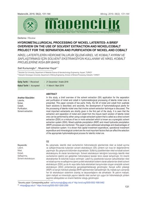 Pdf Hydrometallurgical Processing Of Nickel Laterites—a Brief