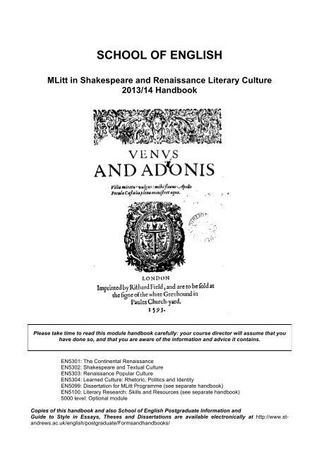 Shakespeare And Renaissance Handbook University Of St Andrews