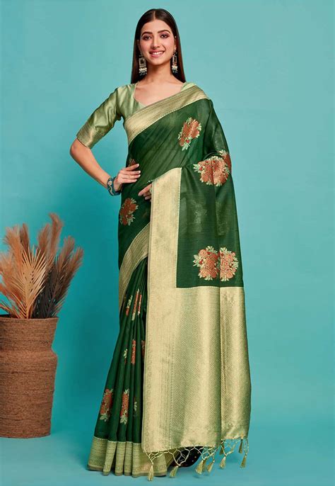 Buy Kanchipuram Art Kanchipuram Linen Silk Saree In Dark Green Online Snga5520 Utsav Fashion