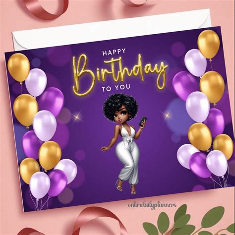 Purple Afro African American Printable Birthday Card African American