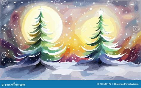 Abstract Snowy Land With Pine Tree Hand Painted Background Christmas