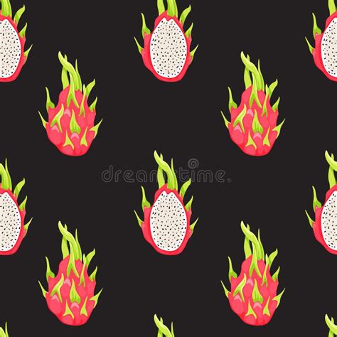 Seamless Tropical Pattern With Dragon Fruits And Pitahaya Half Healthy