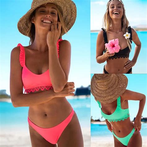 Ruffles Thong Bikini Set Women Swimwear 2019 Pure Candy Color Push Up