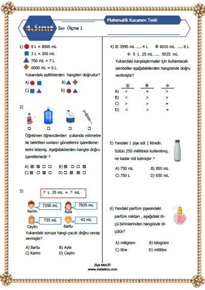 4 Sınıf Matematik Sıvı Ölçme Kazanım Testi 1 ETKİLEŞİMLİ Meb Ders