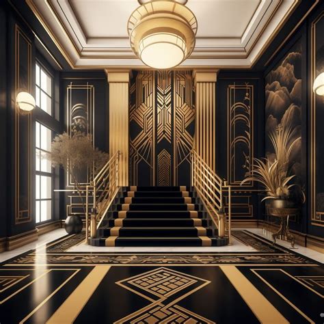 An Art Deco Staircase With Black And Gold Decor On The Walls