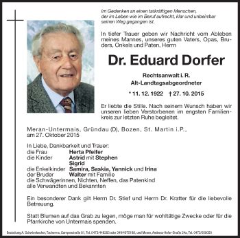 Traueranzeigen Von Eduard Dorfer Trauer Bz