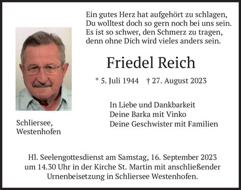 Traueranzeigen Von Friedel Reich Trauer Merkur De