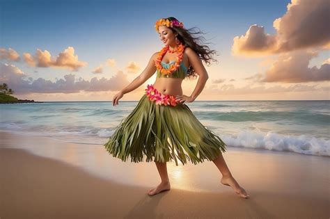 Premium Photo Sunset Photo Of Beautiful Hawaiian Hula Dancer In Grass Skirt Bare Feet On Beach