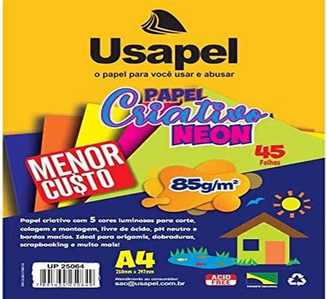 Papel Criativo Neon Usapel 5 Cores 45 Folhas A4 21x29 7 Cm