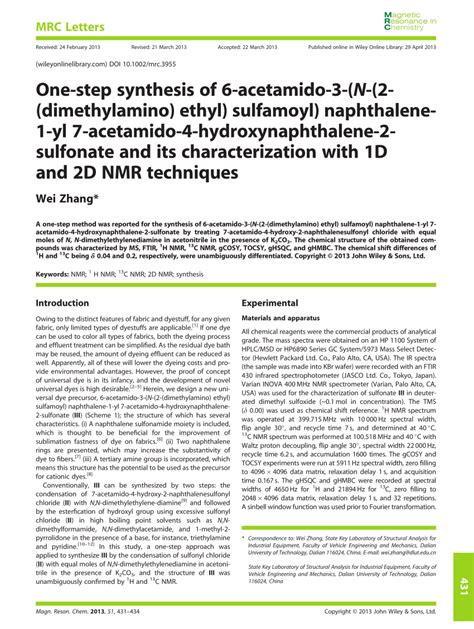 Pdf One Step Synthesis Of 6 Acetamido 3 N 2 Dimethylamino Ethyl Sulfamoyl Naphthalene 1