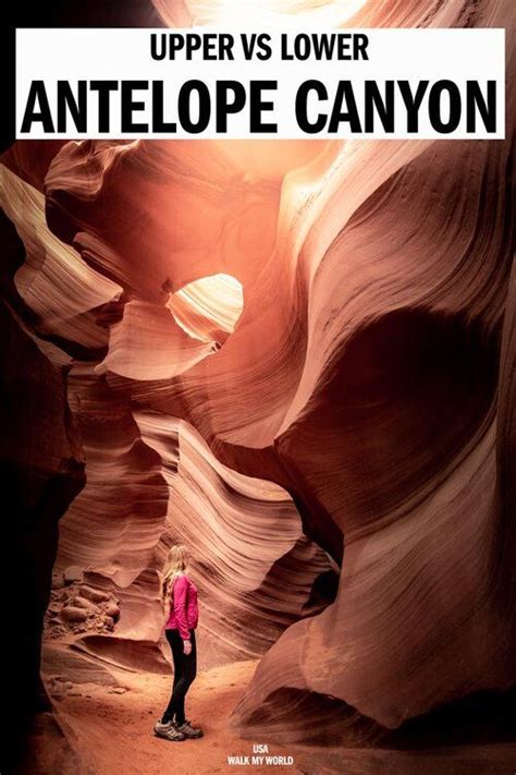 A Woman Standing In The Middle Of An Antelope Canyon With Text Overlay