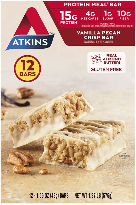 Atkins Vanilla Pecan Crisp Protein Meal Bar, High Fiber, 1g Sugar, 4g