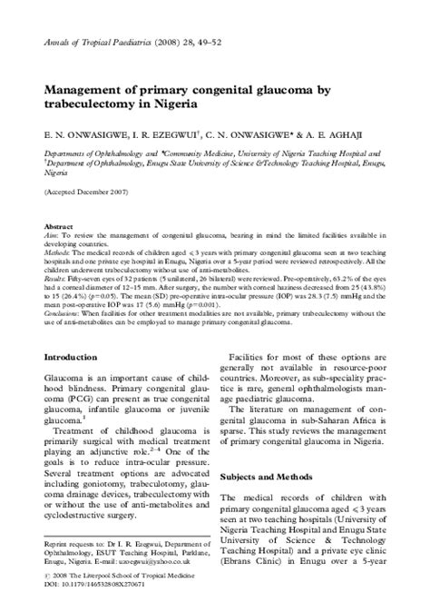 Pdf Management Of Primary Congenital Glaucoma By Trabeculectomy In Nigeria Ernest Onwasigwe