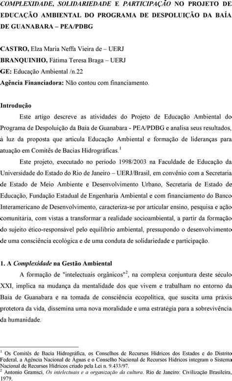 COMPLEXIDADE SOLIDARIEDADE E PARTICIPAÇÃO NO PROJETO DE EDUCAÇÃO